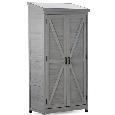 Grande armoire de rangement grise avec plateau en bois massif et métal