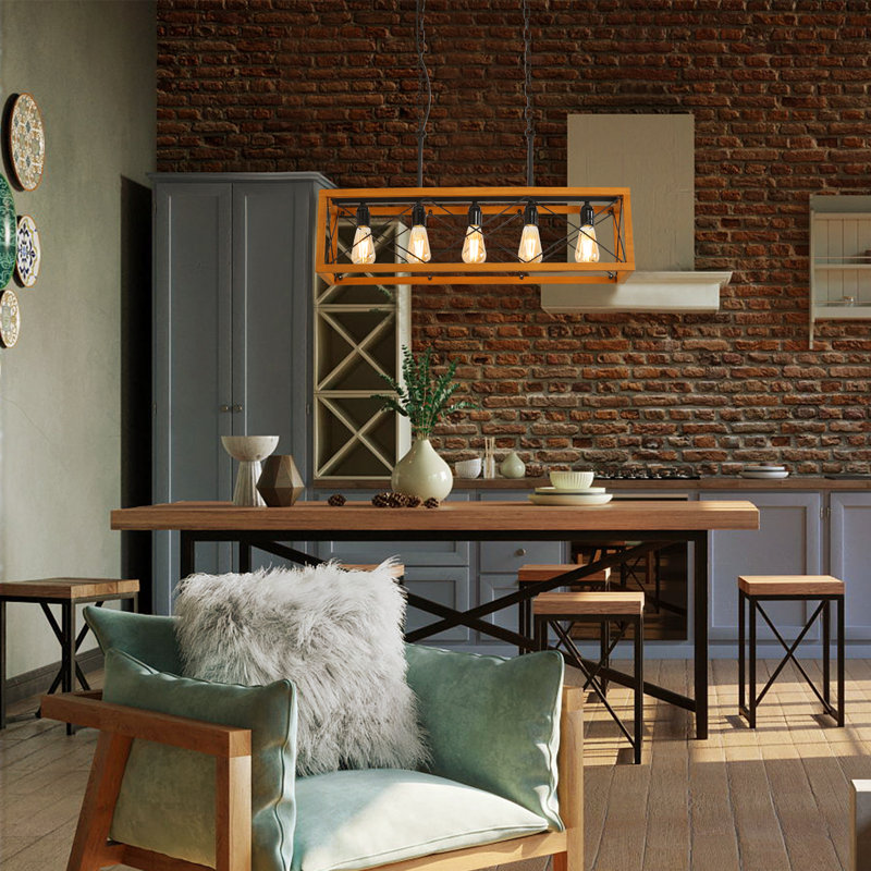 Lustre rectangulaire moderne en bois 5 lumières, plafonniers suspendus E26