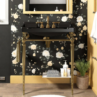 Modern Black Ceramic Vanity Cabinet And Sink, 28-inch Compact Bathroom Console With Gold Stainless Steel Frame And Towel Bar, Wall-mounted Design
