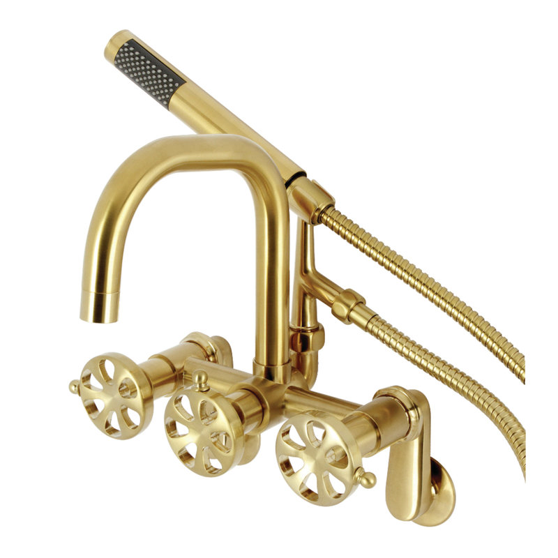 Kingston Brass Belknap Three-Handle 2-Hole Wall Mount Clawfoot Tub Faucet with Hand Shower, Brushed Brass
