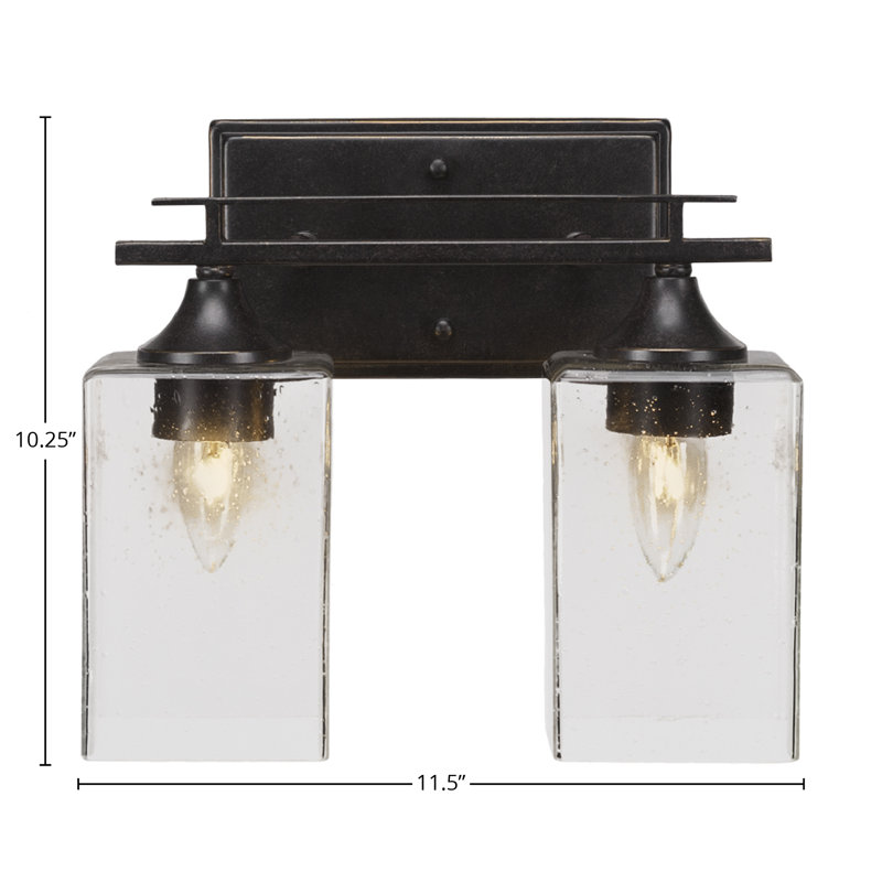 Uptowne 2 Light Bath Bar Shown In Dark Granite Finish With 4" Square Clear Bubble Glass, White Muslin