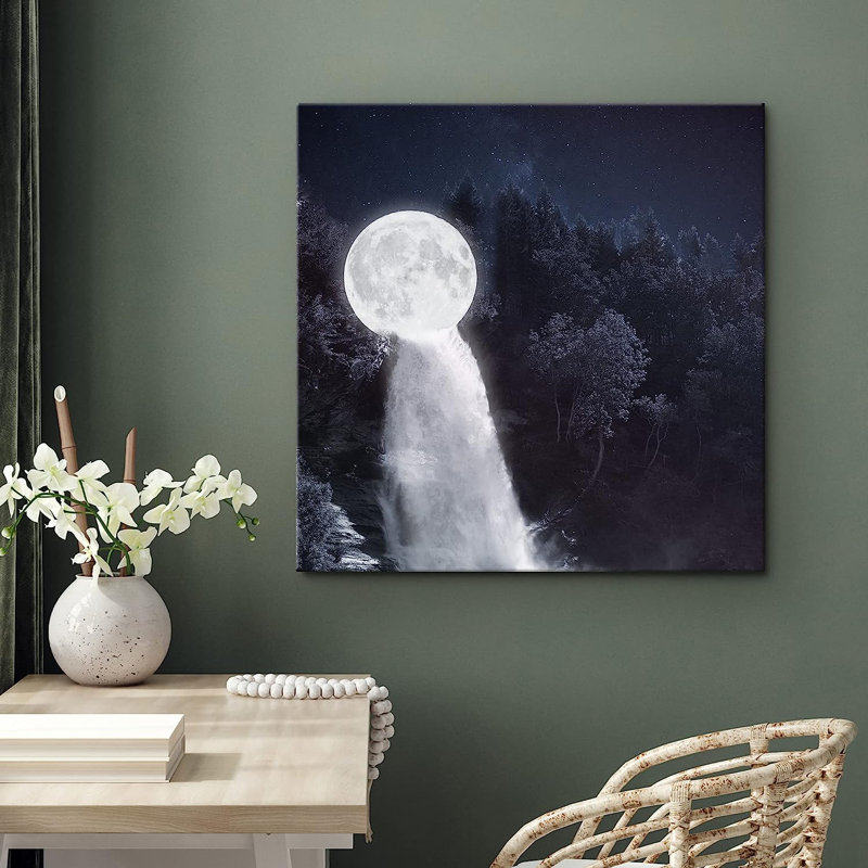 «Fantasy Moonlight Mountain Range Forest Waterfall», reproduction sur toile, H 16 po x l 16 po x P 1,5 po
