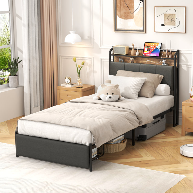 Bed Frame, Storage Headboard With Charging Station, Solid And Stable, Noise Free, No Box Spring Needed, Easy Assembly, Twin