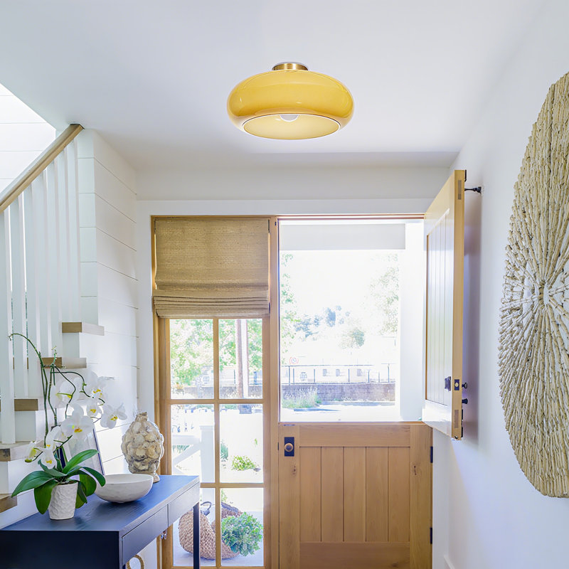 Mid-century Modern Beige Semi Flush Mount Ceiling Light, 7.28" H x 15.75" W x 15.75" D