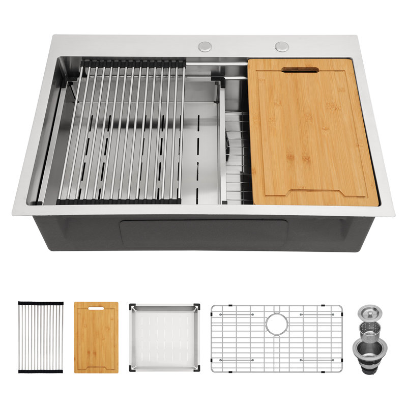 33"L x 22"W Single Bowl Drop-In Kitchen Sink Dual-Tier Ledge Workstation Stainless Steel Sink with Accessories