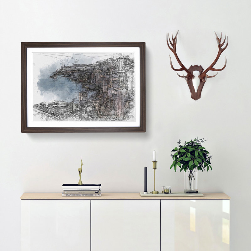 Monte Carlo Skyline in Monaco - Picture Frame Graphic Art Print, 27cm H x 36cm W x 2cm D, Walnut Framed