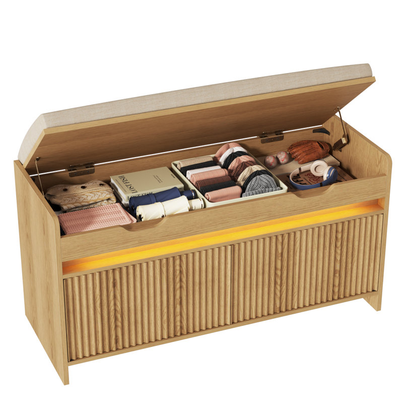 39.4In Fluted Flip top Shoe Bench with Cushioned Seat and LED Light, Natural Wood