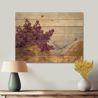 Lilas en fleurs dans un motif de glissoire en bois III - Décoration murale en bois de lilas - sur bois de pin naturel