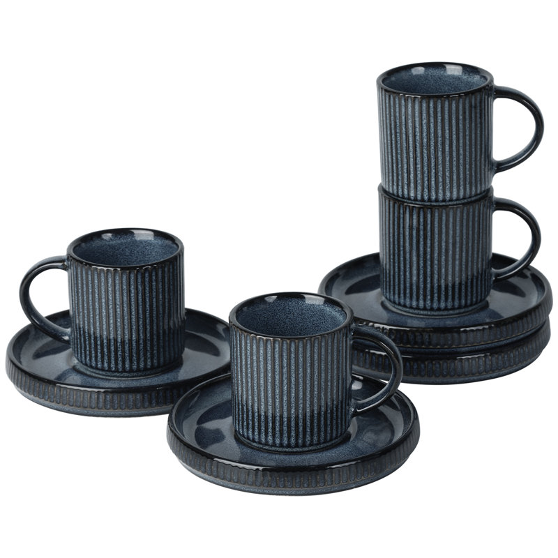 Ensemble de 4 tasses à espresso et soucoupes en grès (ensemble de 4), Bleu nébuleuses
