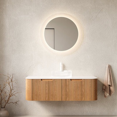 Meuble-lavabo flottant 48 po avec lavabo en verre cristal blanc, tiroirs de rangement, 2 rangements ronds transparents pré-assemblés, système de fermeture en douceur