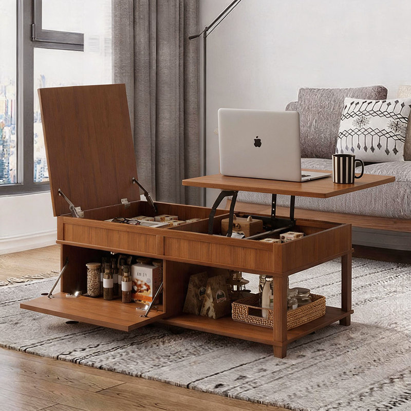 Table basse à plateau relevable avec compartiment caché, tablette ouverte et bureau réglable, Brun