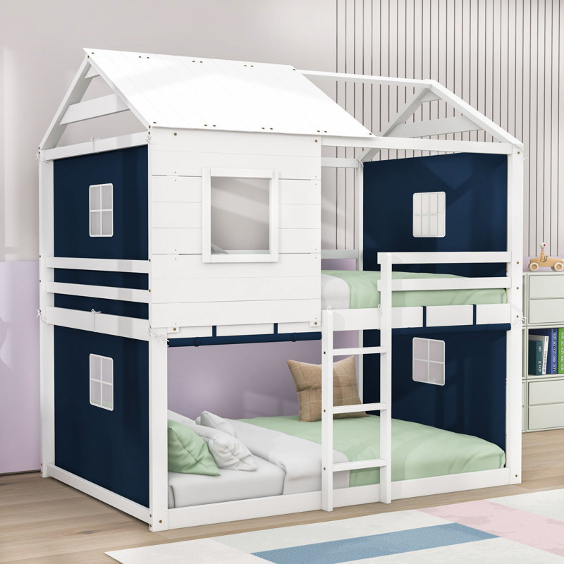 Wooden House Bunk Bed With Roll‑Up Tent, Guardrails And Ladder, Blue White, Full