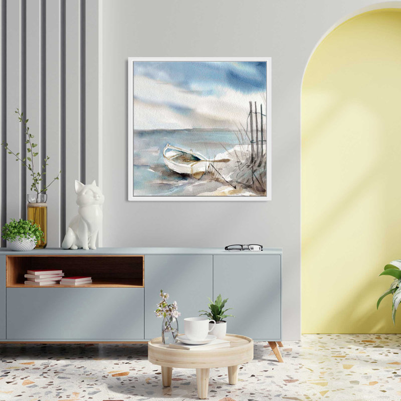 «Panoramic Coast» par Carol Robinson - peinture sur toile tendue, L 21,5 po x H 21,5 po, Cadre blanc