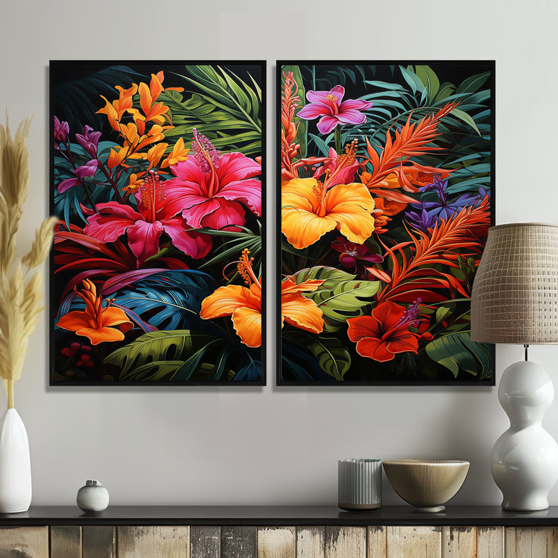 «Colorful Jungle Plants Dream - Large Jungle», art mural 2 pièces, Black, 36" H x 48" W, Impression encadrée flottante