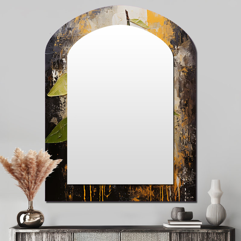 Lemon Loops Abstract Shapes I - Abstract Shapes Arch Wall Mirror, Yellow Asymmetrical Decorative Mirror, Printed Metal Art