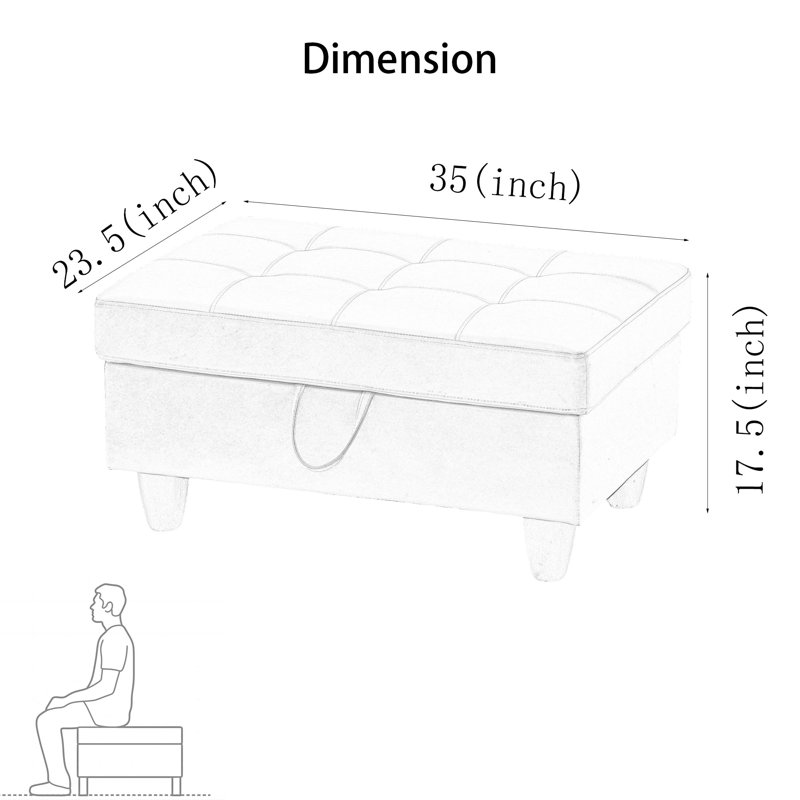 Repose-pieds de rangement rectangulaire en similicuir de 35 po de largeur, Similicuir curcuma