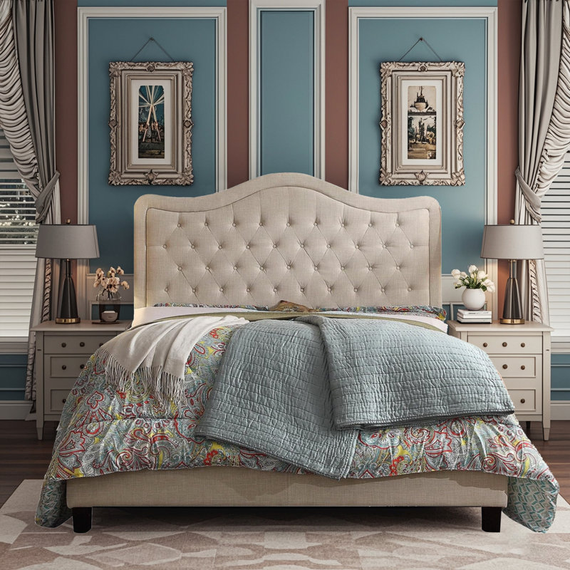 Structure de lit rembourrée en tissu avec tête de lit réglable, support à lattes de bois, lit plateforme capitonné, Beige