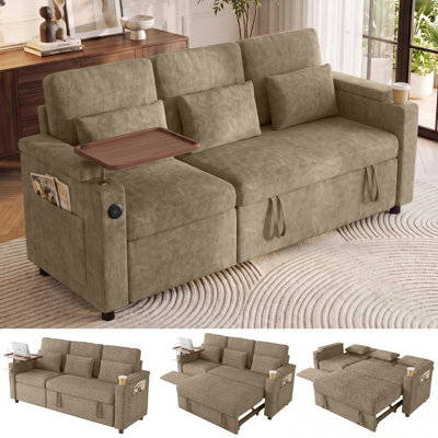 Canapé-lit convertible 3 places en chenille Aufak de 83 po avec fauteuil inclinable électrique, ports de chargement USB, plateau latéral, porte-gobelet et rangement, kaki