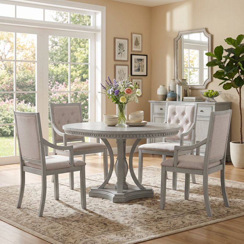 Ensemble de table de salle à manger 5 pièces pour 4 personnes, table ronde extensible et 4 chaises rembourrées avec accoudoirs, structure en bois massif gris antique pour la salle à manger, la cuisine et le salon