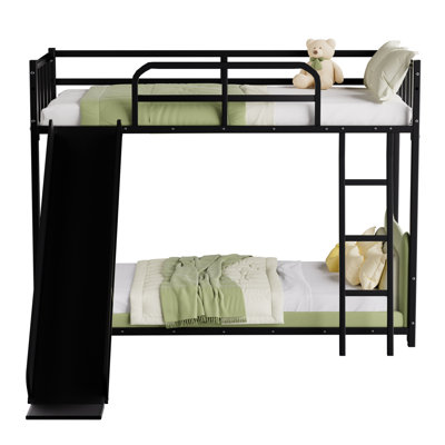 Black Bunk Bed With And Slide, Metal Frame Setup Pattern, Space - Saving Design For Small Rooms, Guardrails Easy Assembly Mission Color Scheme, 'S Bedrooms, Simple Instructions