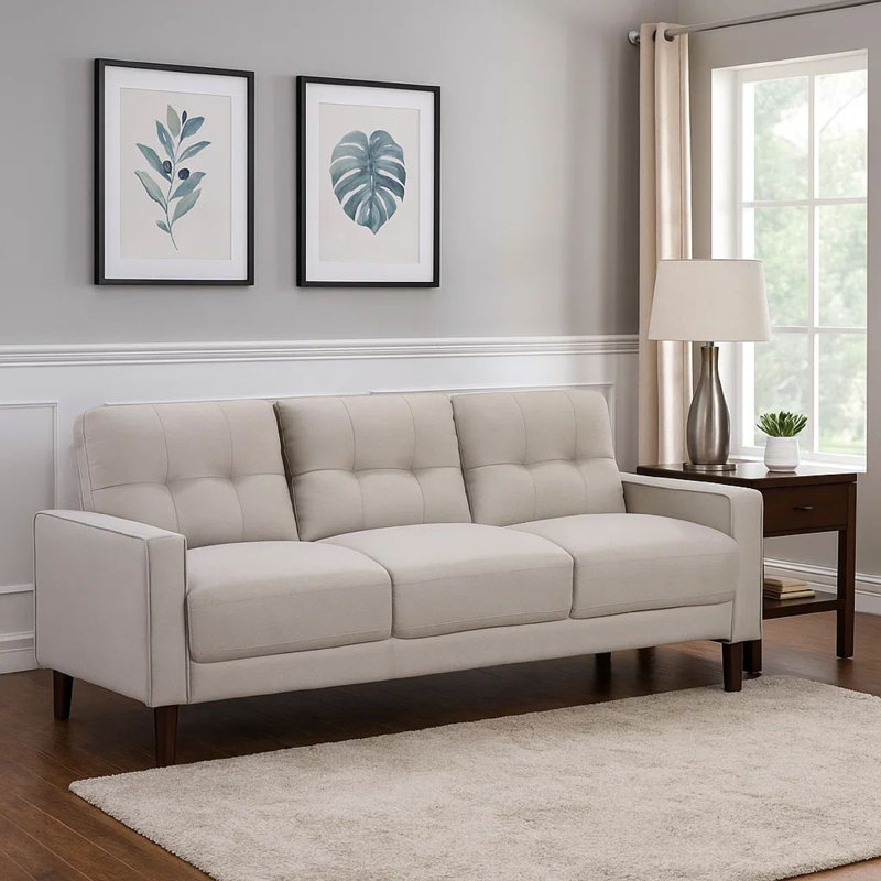 Samanthagrace 77 Inch Sofa, Grid Tufted Back, Track Arms, Self Welt Trim, Beige, Beige Fabric
