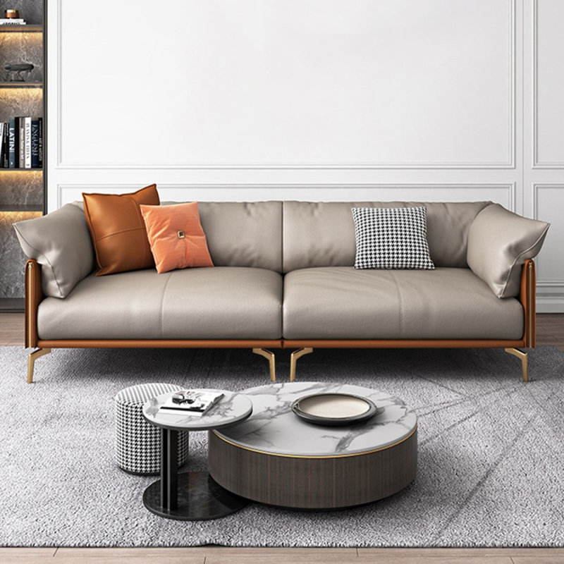 Khaki Genuine Leather Modular Sofa cushion couch, 32.68" H x 86.61" W x 39.37" D 