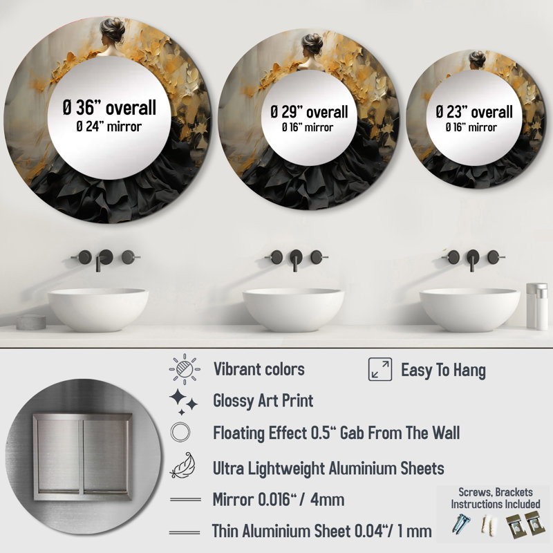 Fashion Elegance Unveiled Gold - Fashion Decorative Mirror, Glam Round Wall Mirror, Printed Metal Art, 29" x 29"