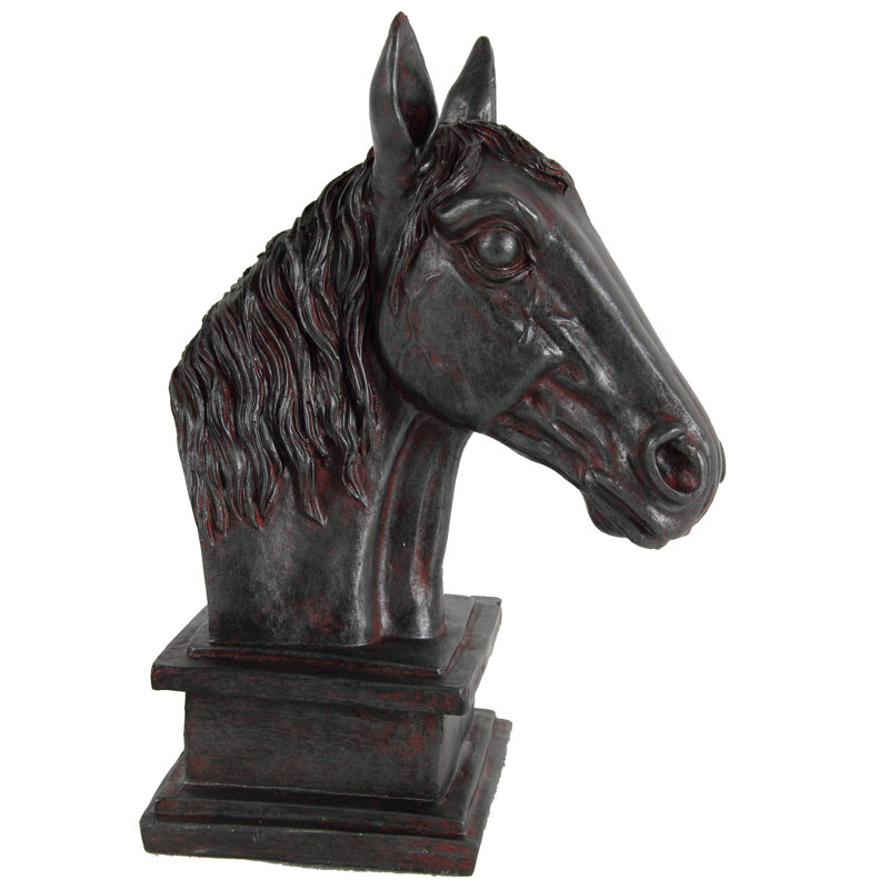 11” Black Polyresin Horse Head Sculpture with Distressed Red Accents, Farmhouse Equestrian Bust for Tabletop, Sideboard, Mantel, or Centerpiece 