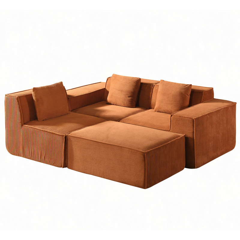 Convertible Corduroy Sectional Couch With Ottoman & Pillows, Modular L Shaped Sleeper Sofa, Boneless Cloud Couch For Living Room Furniture