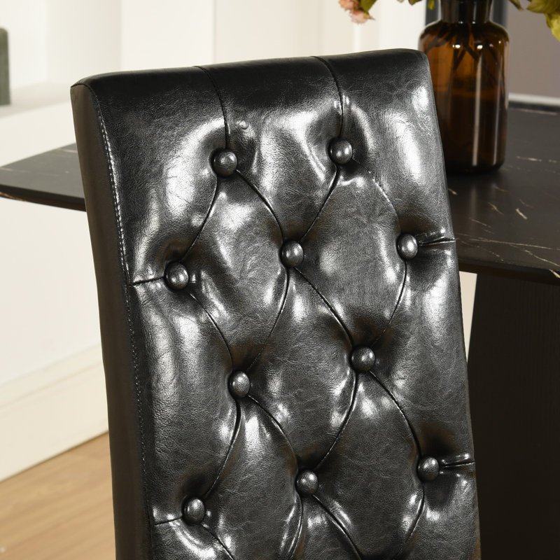 Dining Chair Set Of 6,High Back Kitchen Chair,Button Upholstered Dining Chair,Solid Faux Leather Living Room Chair, Black