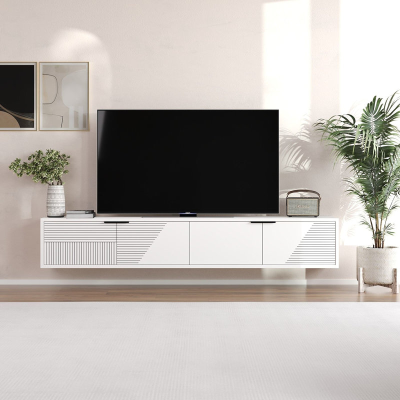 Modern White TV Stand, 100% Melamine Coated Particle Board, 70.9 x 11.8 x 11.8 inches | Wall-Mountable Design, Stylish Geometric Shape | Perfect for Living Room & Entertainment Spaces, Durable & Elegant