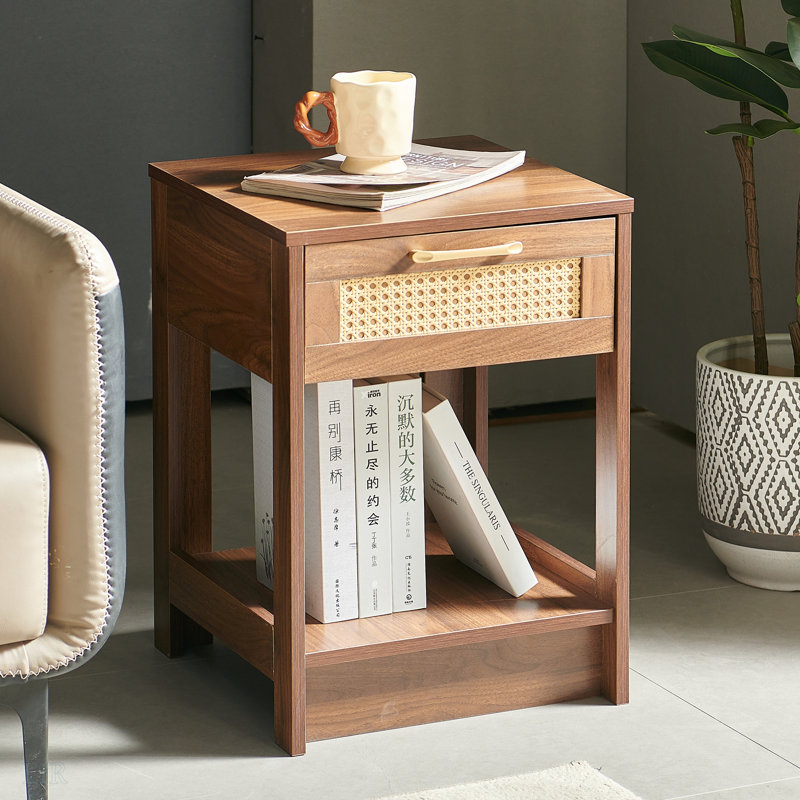 15.75" Rattan End Table With  Drawer, Modern Nightstand, Side Table For Living Room, Bedroom, Walnut