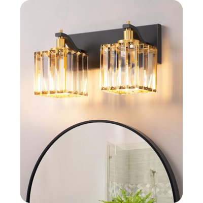 Crystal Bathroom Vanity Light Fixture, 2-Light Wall Sconce With Clear Crystal Shades, Black Gold Finish, E26 Base, Over Mirror Lighting For Bathroom And Powder Room