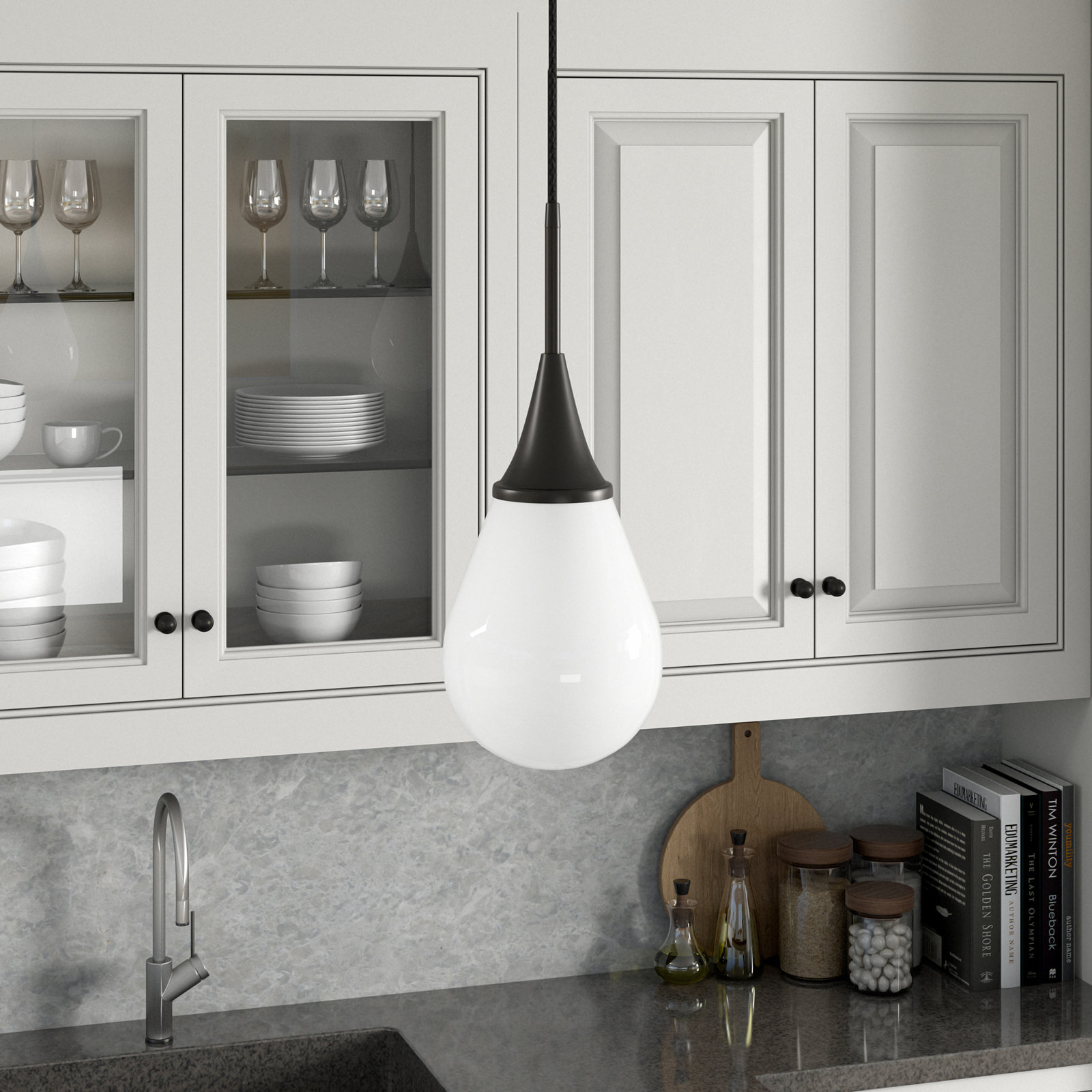Hoye Single Light Glass Dimmable Pendant, Blackened Bronze, White, 13.88"H x 8.63"W x 8.63"D
