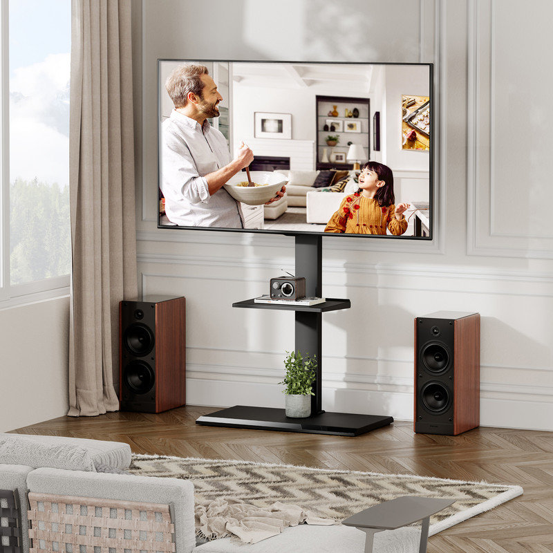 Akhia Modern Universal Swivel Floor TV stand for 50-80" TVs with Sturdy Iron Base, Height Adjustment Mount, Black