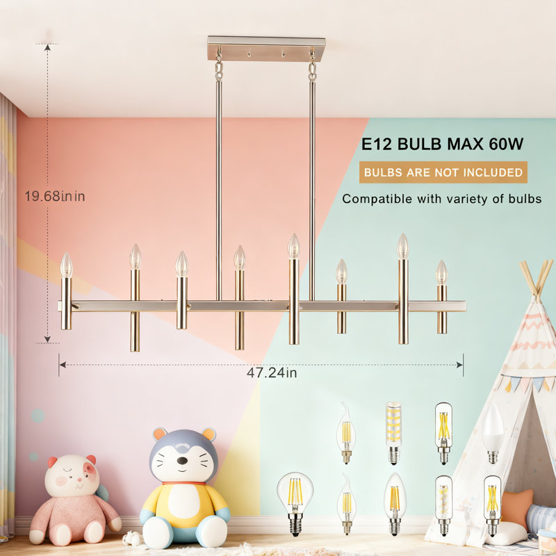Luminaire suspendu linéaire à 8 lumières, lustre moderne en nickel brossé pour îlot de cuisine, salle à manger, salon et table de billard