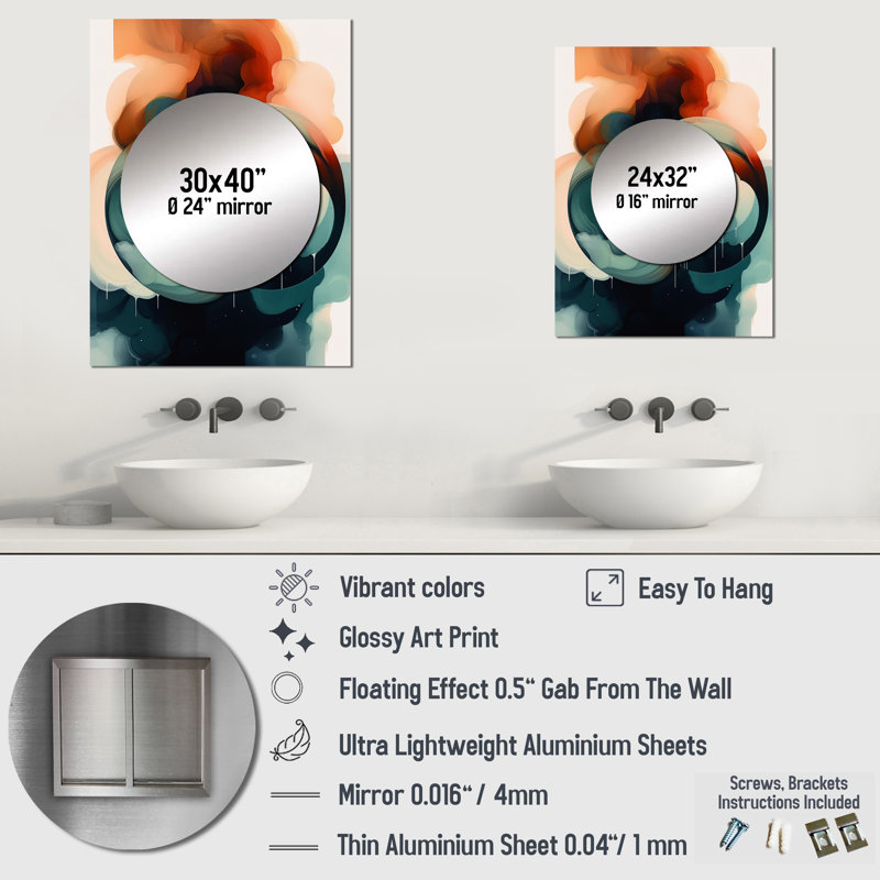 Dunanney Abstract Shapes And Line Artwork V - Abstract Painting Unique Mirror, Orange Large Wall Mirror, Printed Metal Art