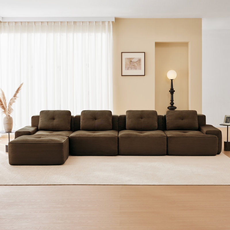 Canapé modulaire spacieux en forme de L, tissu velours côtelé, confort de salon