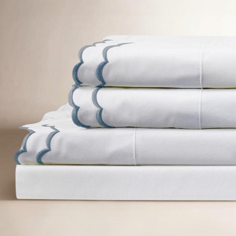 Ensemble de draps 100% coton 300 fils Bara, Ensemble de draps pour lit simple avec 1 taie d'or, Bleu marine / blanc