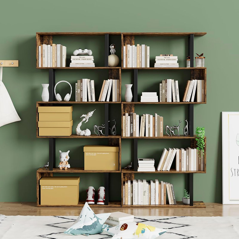 Bibliothèque à 5 niveaux en forme de S, une étagère de rangement décorative moderne en bois autoportante, Brun rustique
