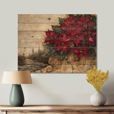 Fleurs de poinsettias rouges dans la forêt II - Art mural en bois poinsettias - sur bois de pin naturel