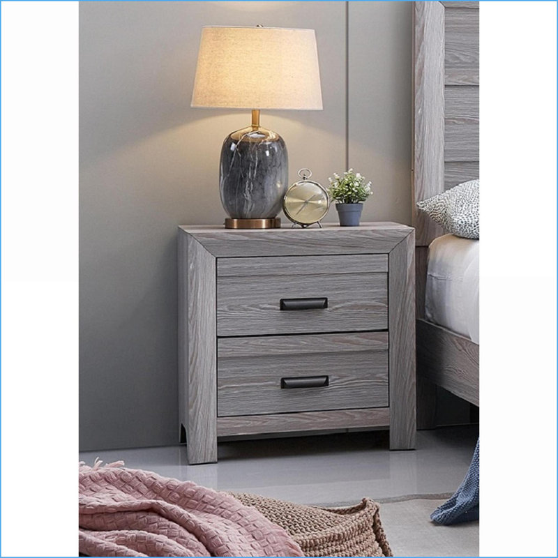 Table de chevet rustique contemporaine en bois avec 2 tiroirs - Finition grise, Gris