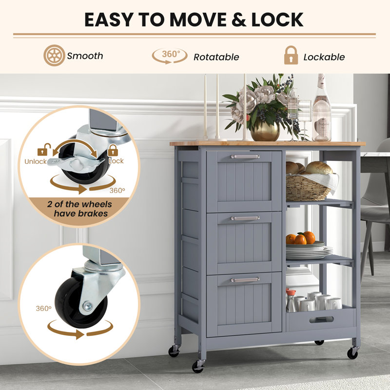67 cm W Kitchen Cart with Solid Wood Top, Grey