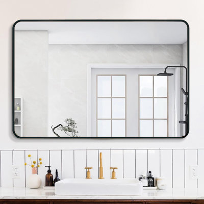 Miroir mural 30 po x 40 po avec cadre rectangulaire en métal noir pour salle de bain moderne - verre, cadre rouille, protection incassable en aluminium contemporain de 4 mm, addition