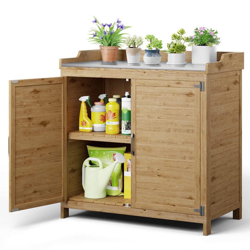 Charvette Fir Potting Bench with Storage Cabinet and Metal Covered Tabletop, Natural Wood