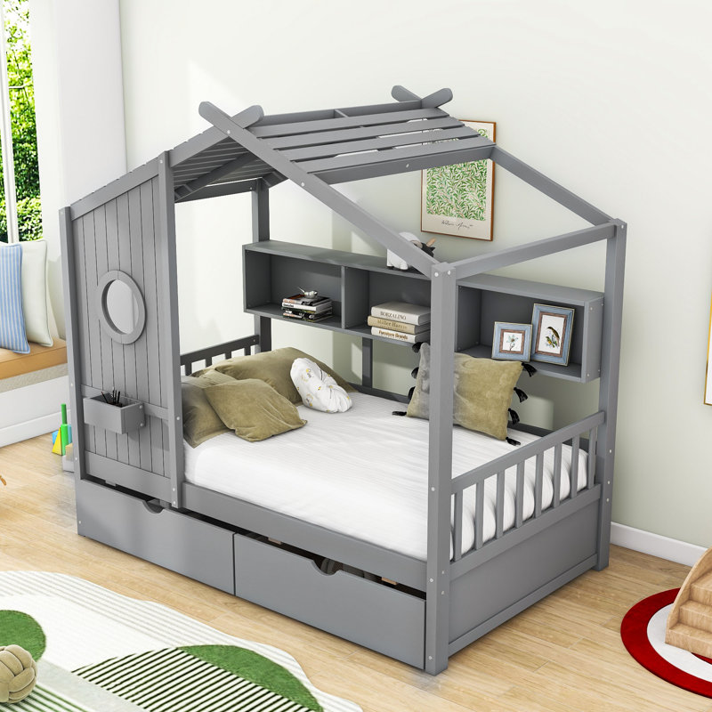 Letha Two Drawers Wood Daybed with Storage Shelves, Gray, Twin