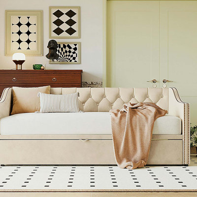 Lit de jour simple tapissier avec couchette escamotable, beige