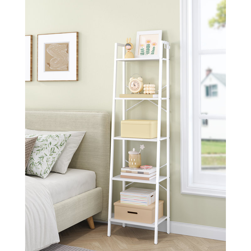 Ladder Shelf, Bookshelf Bookcase, Freestanding Corner Storage Shelve with 2 Hooks for Home Office, Living Room, Kitchen, Bedroom, Industrial