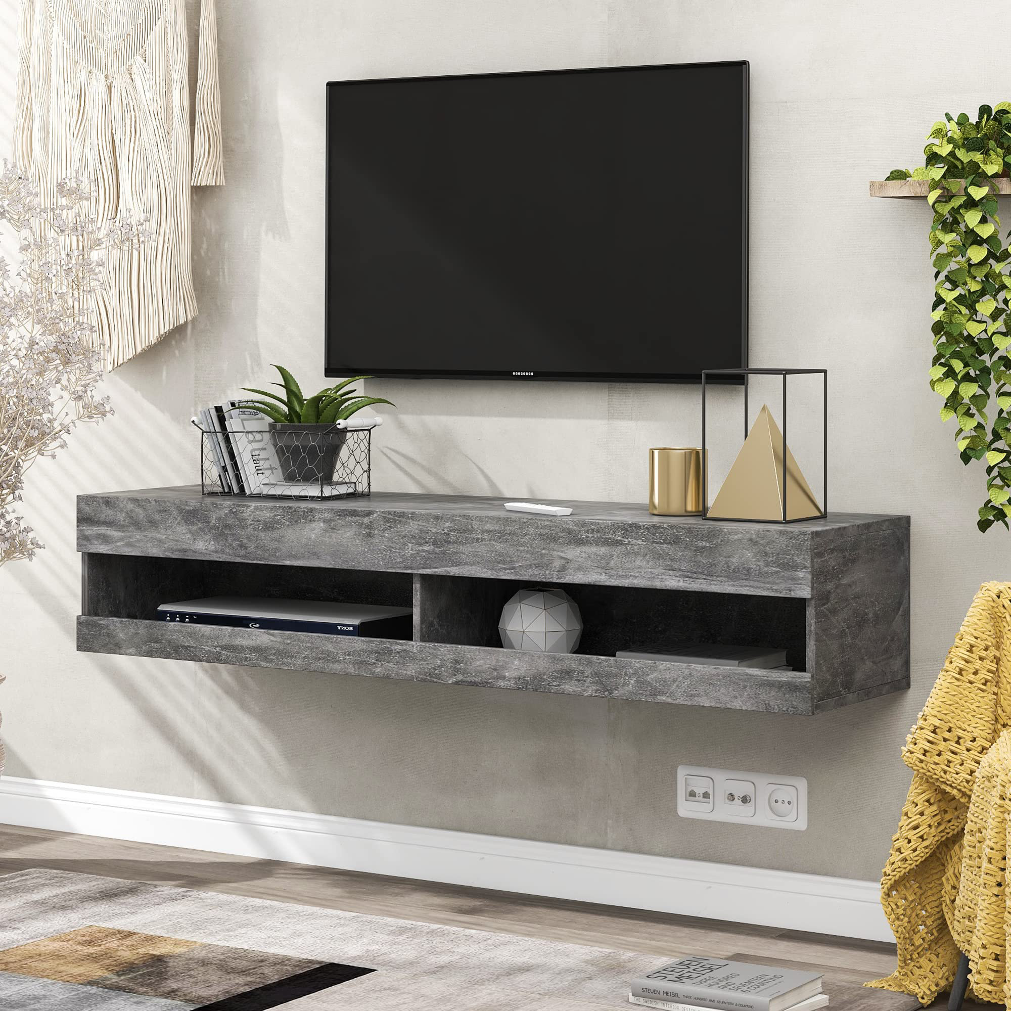 Ivy Bronx TV Stand With LED Lights,Wall Mounted High Gloss TV