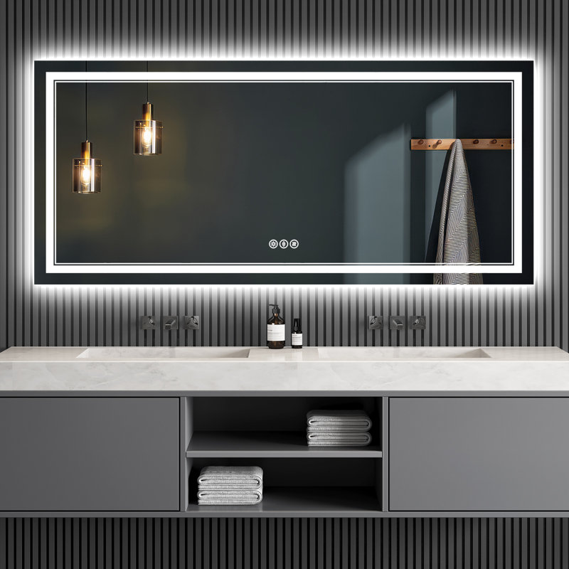 LED Lighted Bathroom Mirror: Front and Backlit, Tempered Glass, 3 Colors, Dimmable, CRI 90+, Defog, 32" x 84"